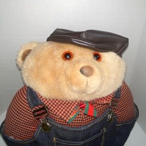 SHILLA 1992 Vintage Plush Bear w/Blue Stone Jean Overalls Shoes & Hat Plush
